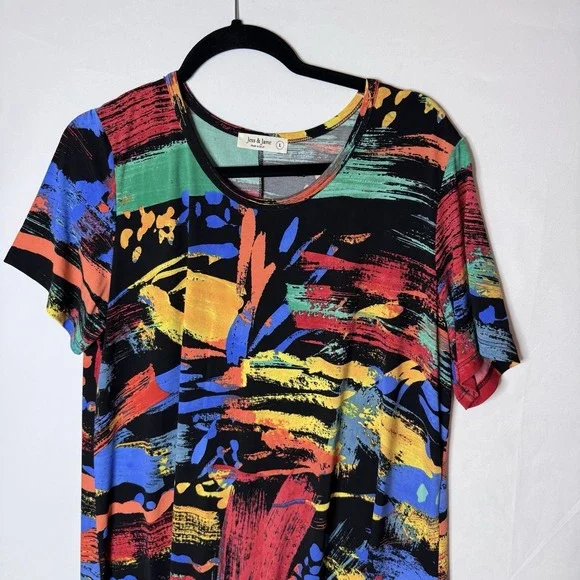 Jess & Jane Aspen Dress Sz L Bold Abstract Comfortable Artsy Art Wear Colorful - Picture 2 of 11